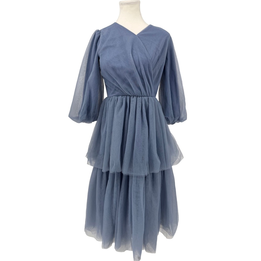 Dainty Jewells Women XS Dusty Blue Tulle Tiered Wrap Midi Princess Dress Balloon